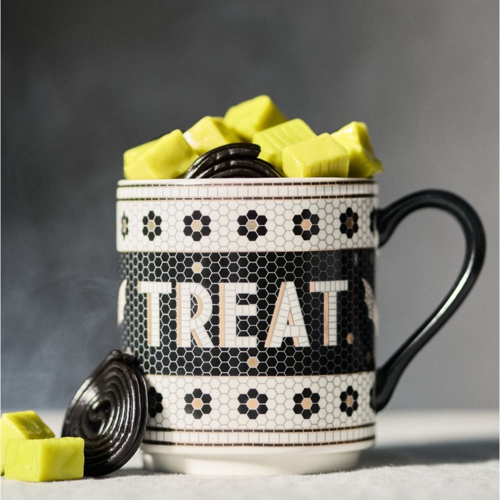 NEW Anthropologie Bistro Tile Halloween Coffee Mug Trick or Treat Bat 24K Gold - Picture 2 of 4